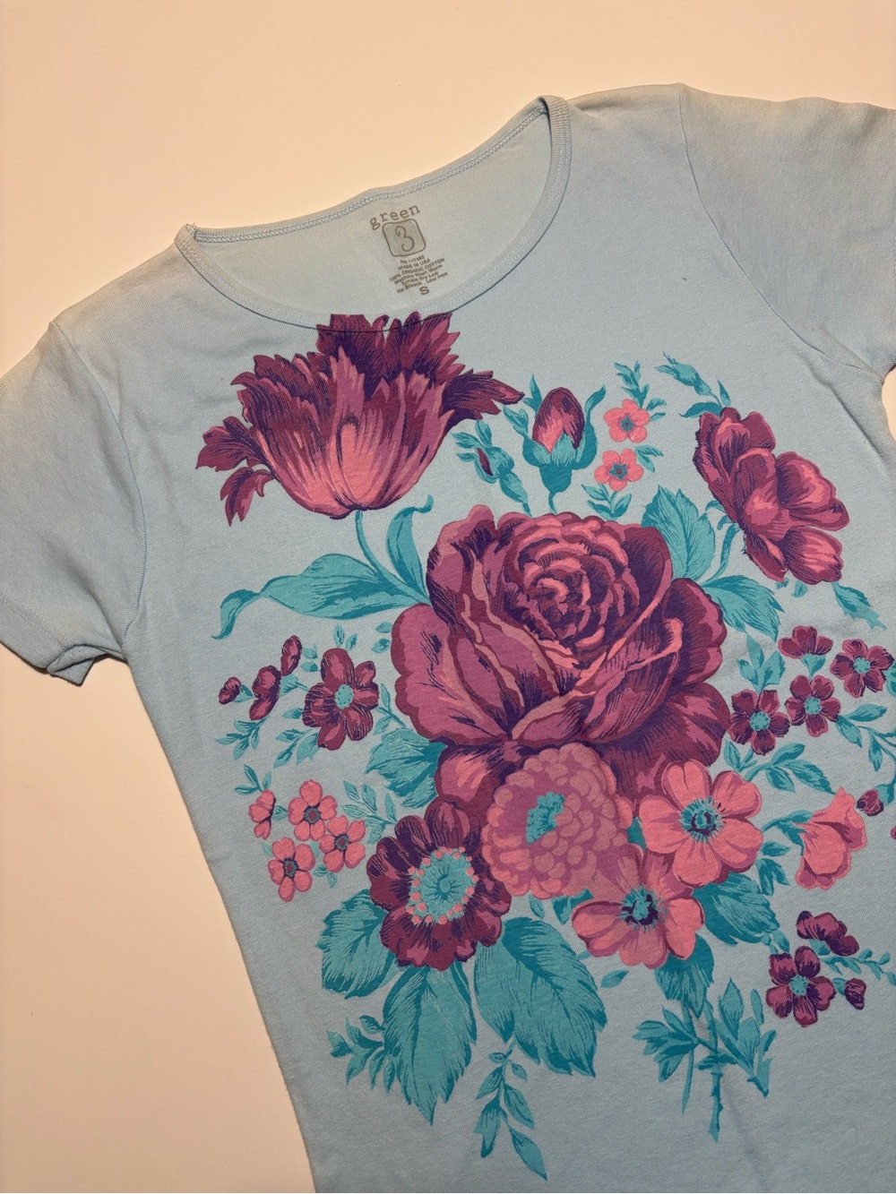 Green3 Light Blue Purple & Pink Roses & Wildflowers Organic Cotton Graphic T-Shi